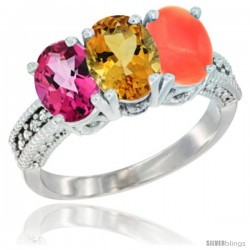 14K White Gold Natural Pink Topaz, Citrine & Coral Ring 3-Stone 7x5 mm Oval Diamond Accent