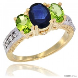 14k Yellow Gold Ladies Oval Natural Blue Sapphire 3-Stone Ring with Peridot Sides Diamond Accent