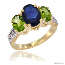 14K Yellow Gold Ladies 3-Stone Oval Natural Blue Sapphire Ring with Peridot Sides Diamond Accent