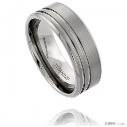 Titanium 9mm Flat Wedding Band Ring 2 Stripes Beveled Edges Matte Finish Comfort-fit