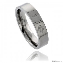 Titanium 6 mm Flat Wedding Band Ring Masonic Compass Comfort Fit