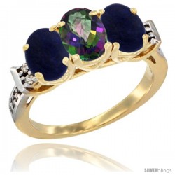 10K Yellow Gold Natural Mystic Topaz & Lapis Sides Ring 3-Stone Oval 7x5 mm Diamond Accent