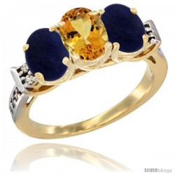 10K Yellow Gold Natural Citrine & Lapis Sides Ring 3-Stone Oval 7x5 mm Diamond Accent