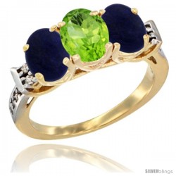 10K Yellow Gold Natural Peridot & Lapis Sides Ring 3-Stone Oval 7x5 mm Diamond Accent