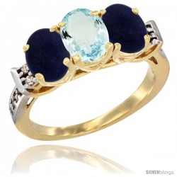 10K Yellow Gold Natural Aquamarine & Lapis Sides Ring 3-Stone Oval 7x5 mm Diamond Accent