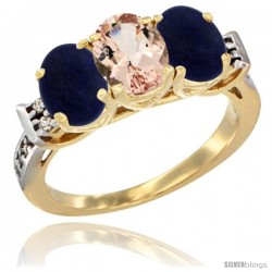 10K Yellow Gold Natural Morganite & Lapis Sides Ring 3-Stone Oval 7x5 mm Diamond Accent