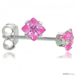 Sterling Silver Color Cubic Zirconia Stud Earrings 3 mm Pink Zircon Square 1/5 cttw