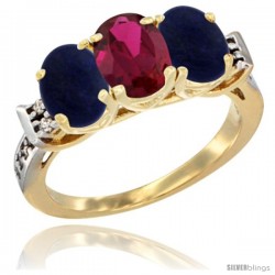 10K Yellow Gold Natural Ruby & Lapis Sides Ring 3-Stone Oval 7x5 mm Diamond Accent