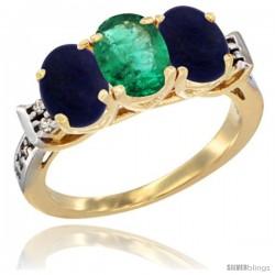 10K Yellow Gold Natural Emerald & Lapis Sides Ring 3-Stone Oval 7x5 mm Diamond Accent