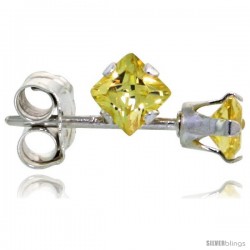 Sterling Silver Color Cubic Zirconia Stud Earrings 3 mm Citrine Yellow Square 1/5 cttw