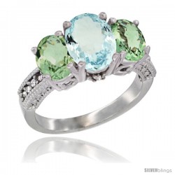 10K White Gold Ladies Natural Aquamarine Oval 3 Stone Ring with Green Amethyst Sides Diamond Accent