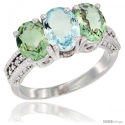 10K White Gold Natural Aquamarine & Green Amethyst Sides Ring 3-Stone Oval 7x5 mm Diamond Accent