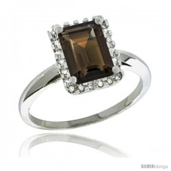 Sterling Silver Diamond Natural Smoky Topaz Ring 1.6 ct Emerald Shape 8x6 mm, 1/2 in wide