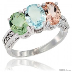 10K White Gold Natural Green Amethyst, Aquamarine & Morganite Ring 3-Stone Oval 7x5 mm Diamond Accent