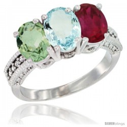 10K White Gold Natural Green Amethyst, Aquamarine & Ruby Ring 3-Stone Oval 7x5 mm Diamond Accent