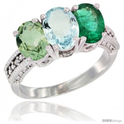 10K White Gold Natural Green Amethyst, Aquamarine & Emerald Ring 3-Stone Oval 7x5 mm Diamond Accent