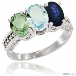 10K White Gold Natural Green Amethyst, Aquamarine & Blue Sapphire Ring 3-Stone Oval 7x5 mm Diamond Accent