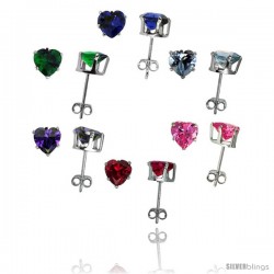 6 pair set Sterling Silver Cubic Zirconia Stud Earrings 6 mm Heart Shape Emerald, Blue Sapphire, Blue Topaz, Amethyst, Ruby