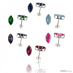 6-pair set Sterling Silver CZ Stud Earrings 1 cttw Marquise Shape Emerald, Blue Sapphire, Blue Topaz, Amethyst, Ruby & Pink