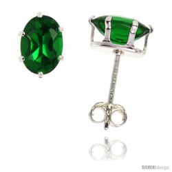 Sterling Silver Cubic Zirconia Stud Earrings Emerald Green Oval Shape 3/4 cttw