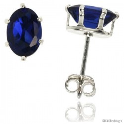 Sterling Silver Cubic Zirconia Stud Earrings Sapphire Blue Oval Shape 3/4 cttw