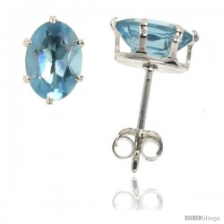 Sterling Silver Cubic Zirconia Stud Earrings Blue Topaz colored Oval Shape 1.5 cttw