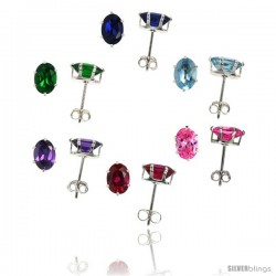 6 pair set Sterling Silver Cubic Zirconia Stud Earrings 3/4 cttw Oval Shape Emerald, Blue Sapphire, Blue Topaz, Amethyst, Ruby