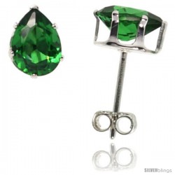 Sterling Silver Cubic Zirconia Stud Earrings Emerald Green Pear Shape 3/4 cttw