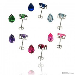 6-Pair Set Sterling Silver Cubic Zirconia Stud Earrings 3/4 cttw Pear Shape CZ Stud Earrings Emerald, Blue Sapphire, Blue