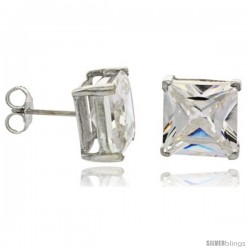 Sterling Silver Princess cut Cubic Zirconia Stud Earrings Basket Setting 10 mm 11 cttw