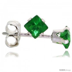 Sterling Silver Color Cubic Zirconia Stud Earrings 3 mm Emerald Green Square 1/5 cttw