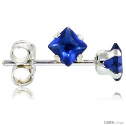 Sterling Silver Color Cubic Zirconia Stud Earrings 3 mm Sapphire Blue Square 1/5 cttw
