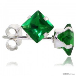 Sterling Silver Princess cut Cubic Zirconia Stud Earrings 4 mm Emerald Green Color 3/4 cttw