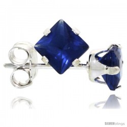 Sterling Silver Princess cut Cubic Zirconia Stud Earrings 4 mm Sapphire Blue Color 3/4 cttw