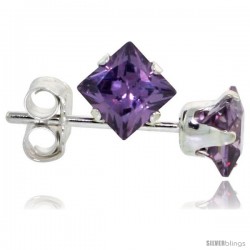 Sterling Silver Princess cut Cubic Zirconia Stud Earrings 4 mm Amethyst Purple Color 3/4 cttw