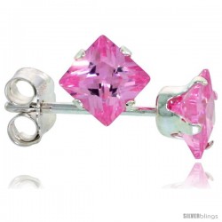 Sterling Silver Princess cut Cubic Zirconia Stud Earrings 4 mm Pink Zircon Color 3/4 cttw