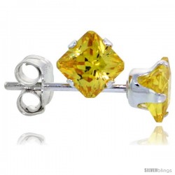 Sterling Silver Princess cut Cubic Zirconia Stud Earrings 4 mm Citrine Yellow Color 3/4 cttw