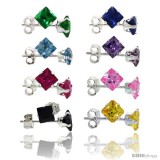 8 pair set Sterling Silver Square Colored Cubic Zirconia Stud Earrings 1/2 cttw Emerald, Blue Sapphire, Blue Topaz, Amethyst