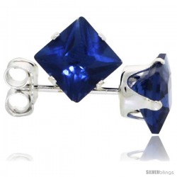 Sterling Silver Princess cut Cubic Zirconia Stud Earrings 5 mm Sapphire Blue Color 1 1/2 cttw