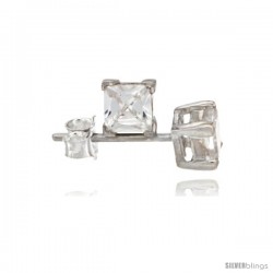 Sterling Silver Princess cut Cubic Zirconia Stud Earrings Basket Setting 4 mm 0.80 cttw