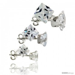 3-Pair Set Sterling Silver Cubic Zirconia Stud Earrings 4, 5 and 6mm Princess Cut