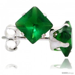 Sterling Silver Princess cut Cubic Zirconia Stud Earrings 5 mm Emerald Green Color 1 1/2 cttw