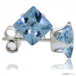 Sterling Silver Princess cut Cubic Zirconia Stud Earrings 5 mm Topaz Blue Color 1 1/2 cttw