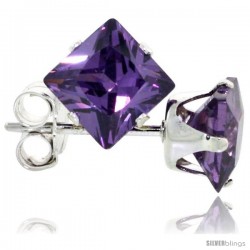 Sterling Silver Princess cut Cubic Zirconia Stud Earrings 5 mm Amethyst Purple Color 1 1/2 cttw