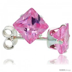 Sterling Silver Princess cut Cubic Zirconia Stud Earrings 5 mm Pink Zircon Color 1 1/2 cttw