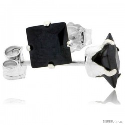 Sterling Silver Princess cut Cubic Zirconia Stud Earrings 5 mm Black Color 1 1/2 cttw