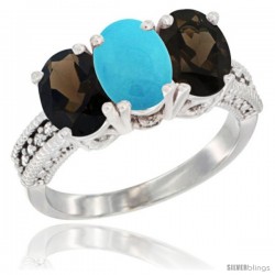 10K White Gold Natural Turquoise & Smoky Topaz Sides Ring 3-Stone Oval 7x5 mm Diamond Accent