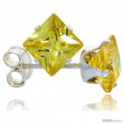 Sterling Silver Princess cut Cubic Zirconia Stud Earrings 5 mm Citrine Yellow Color 1 1/2 cttw