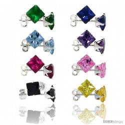 8 pair set Sterling Silver Square Colored Cubic Zirconia Stud Earrings 3/4 cttw Emerald, Blue Sapphire, Blue Topaz, Amethyst