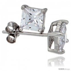 Sterling Silver Princess cut Cubic Zirconia Stud Earrings Basket Setting 5 mm 1.5 cttw